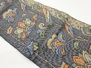 手織り紬縞に花唐草模様織出し名古屋帯